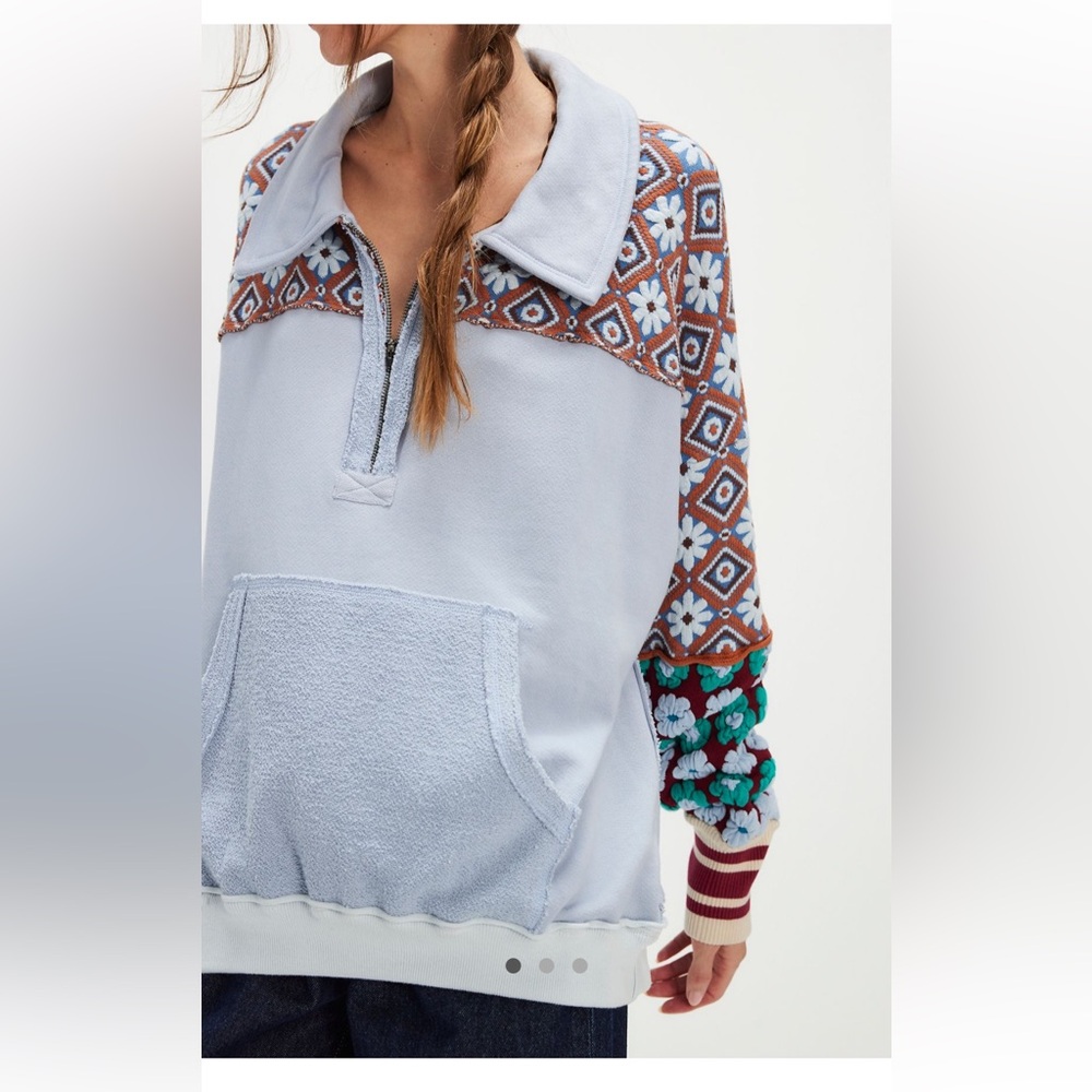 NWT! We the Free Mod about You Blue Combo Floral Knit Oversized Half Zip S